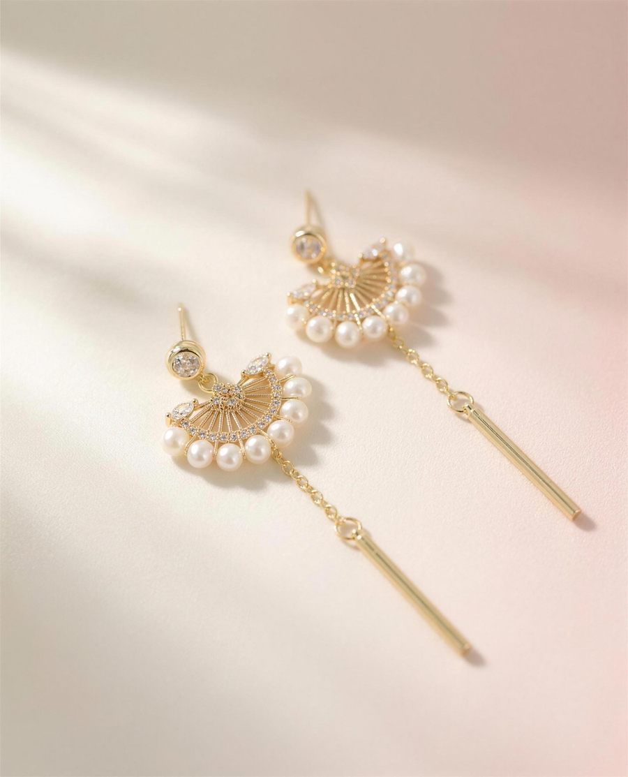 Freshwater pearl fan drop earrings, handcrafted in Ontario.