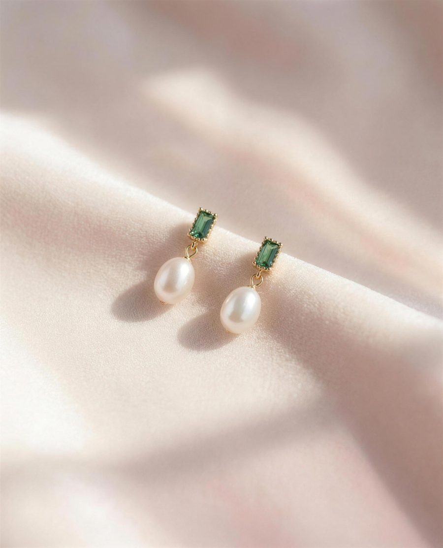 Green stone freshwater pearl drop earrings, handcrafted in Ontario.