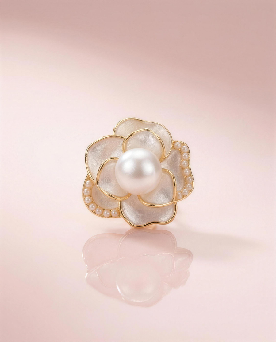 Camellia freshwater pearl stud earrings in our Ontario atelier.