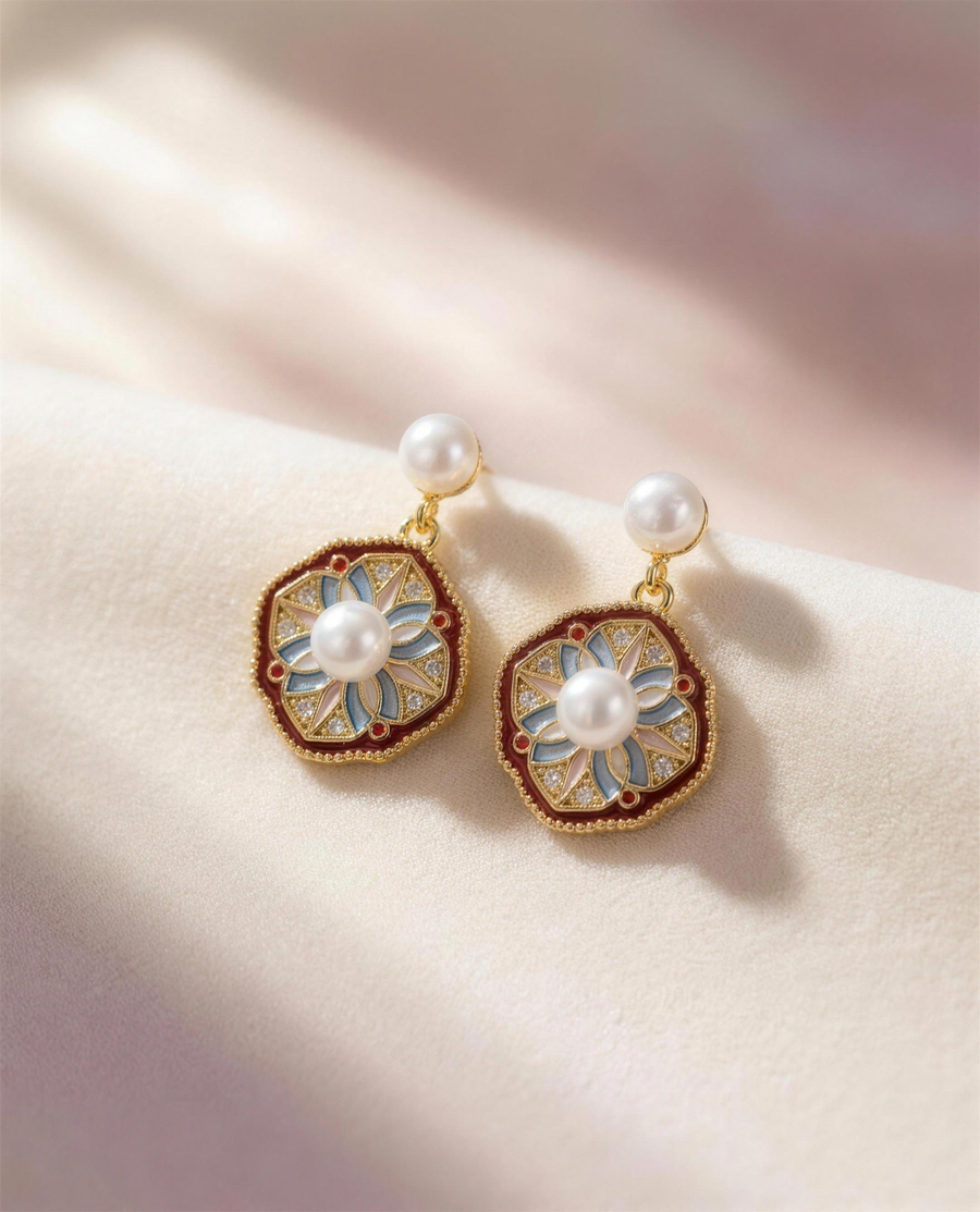 Vintage enamel freshwater pearl drop earrings, handcrafted in Ontario.