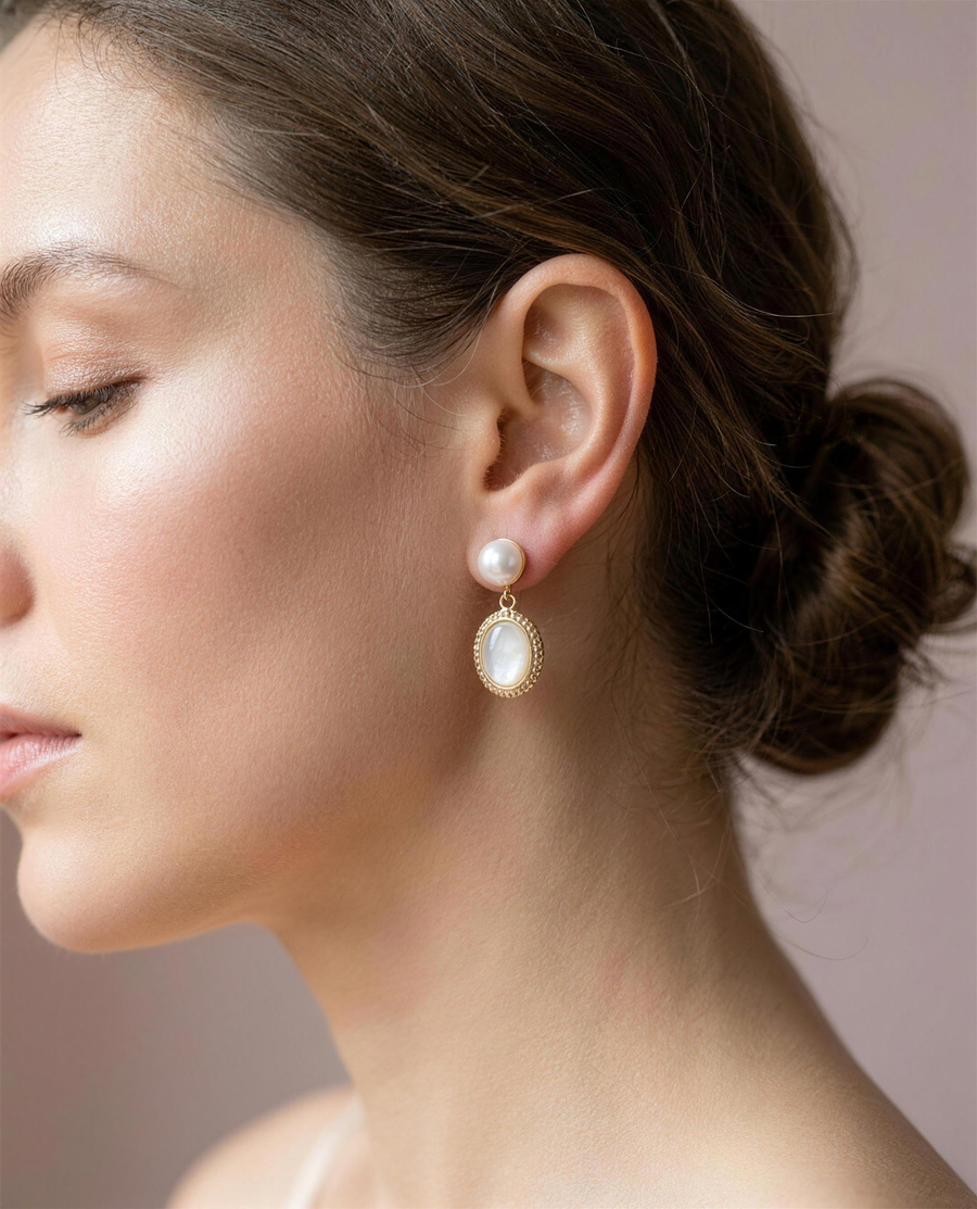 Mother of pearl freshwater drop earrings shown close on the ear.