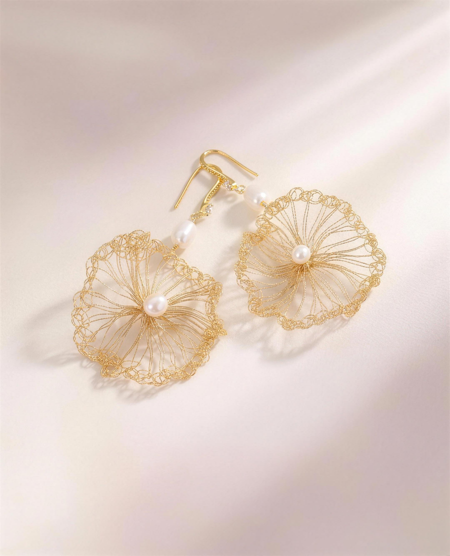 Gold wire freshwater pearl drop earrings, handcrafted in Ontario.