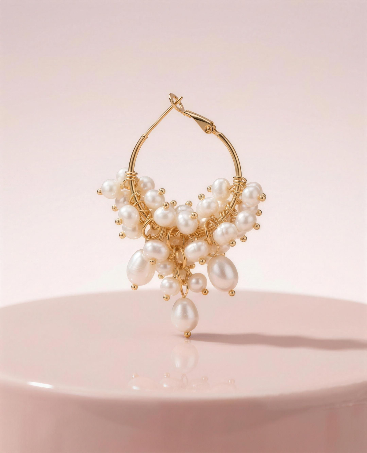 Freshwater pearl cascade hoop earrings in our Ontario atelier.