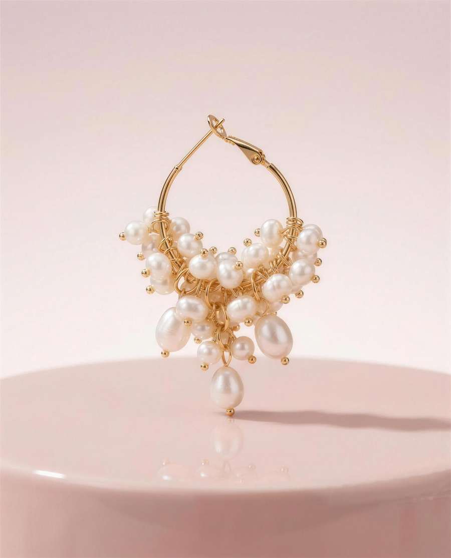 Freshwater pearl cascade hoop earrings in our Ontario atelier.