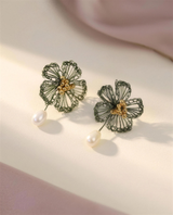 Freshwater pearl wildflower drop earrings, handcrafted in Ontario.