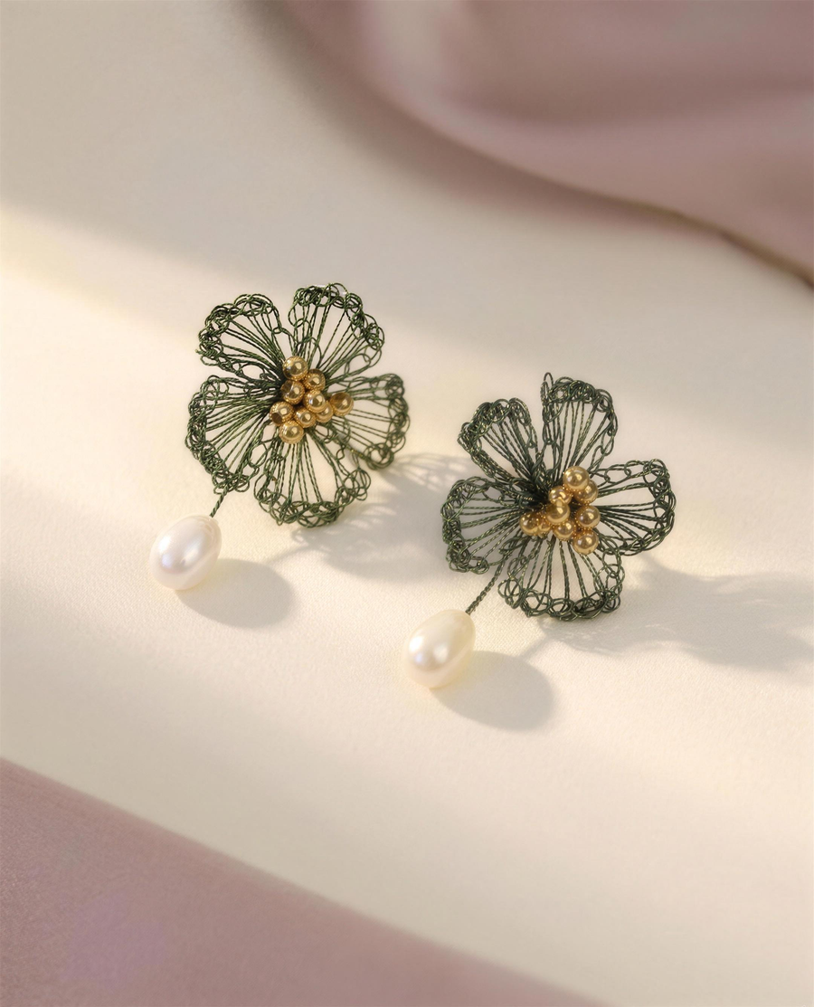 Freshwater pearl wildflower drop earrings, handcrafted in Ontario.