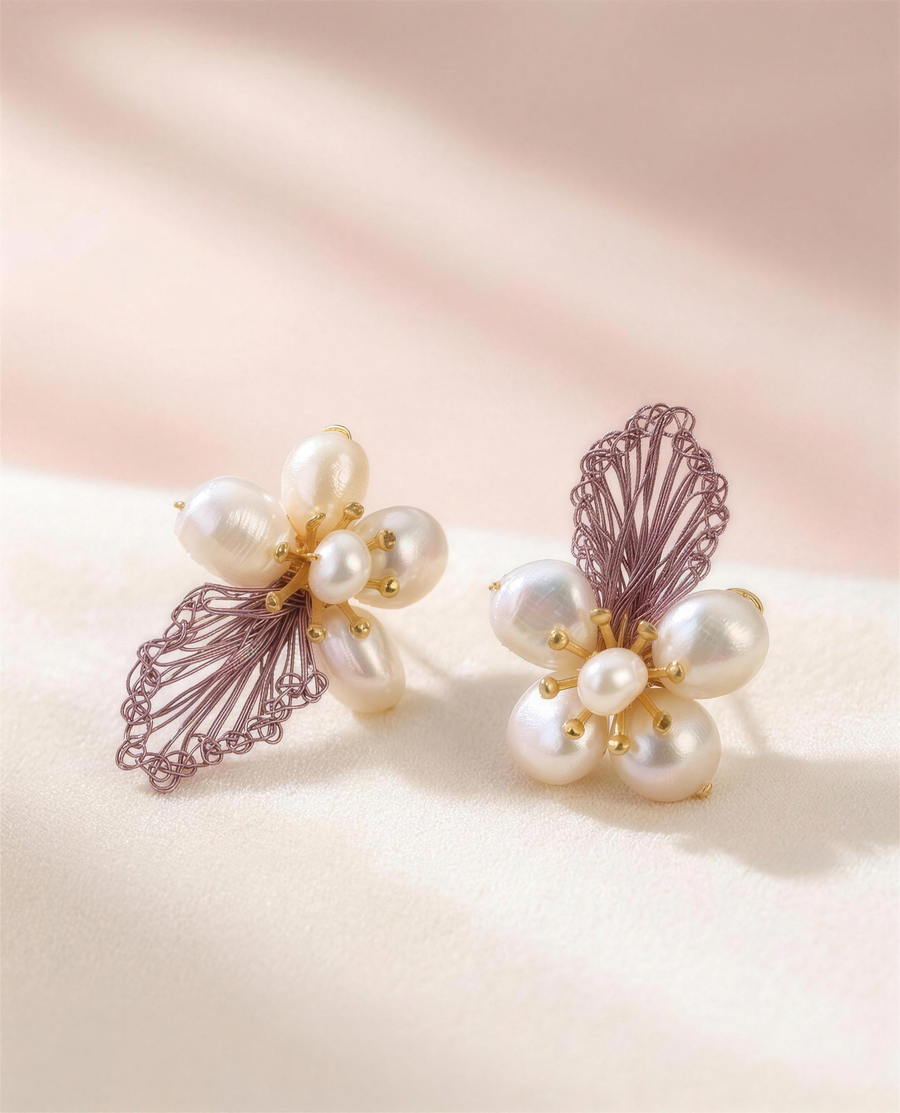 Baroque pearl blossom stud earrings, handcrafted in Ontario.