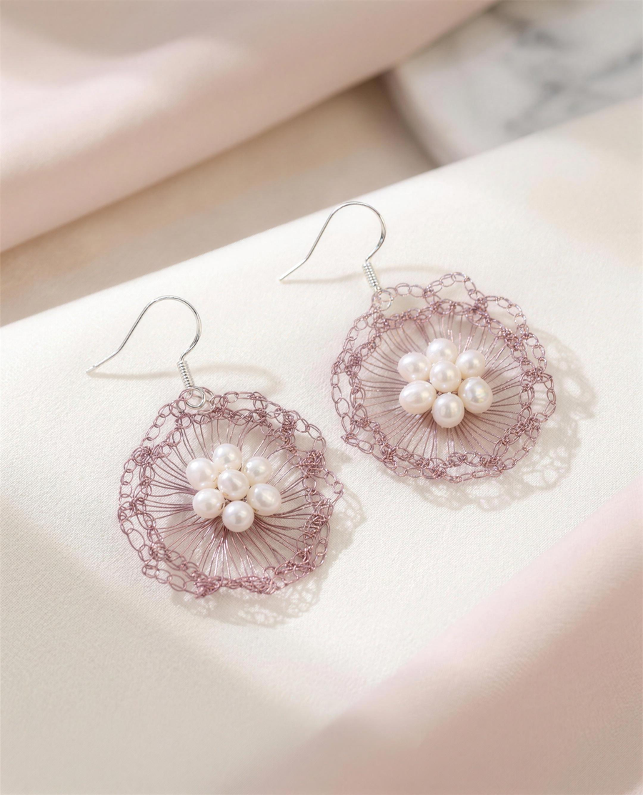 Freshwater pearl rose bloom drop earrings, handcrafted in Ontario.