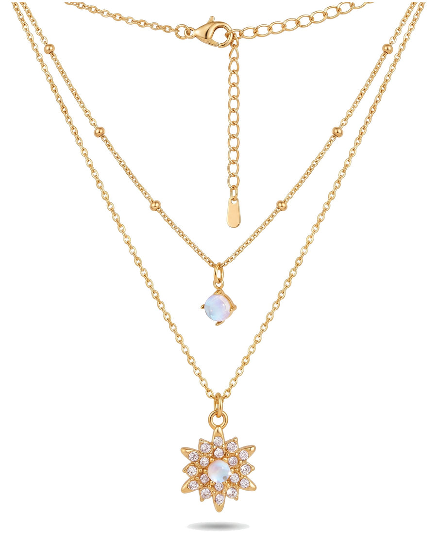 Opal starburst layered necklace in 18k gold plated stainless steel, both chains on white