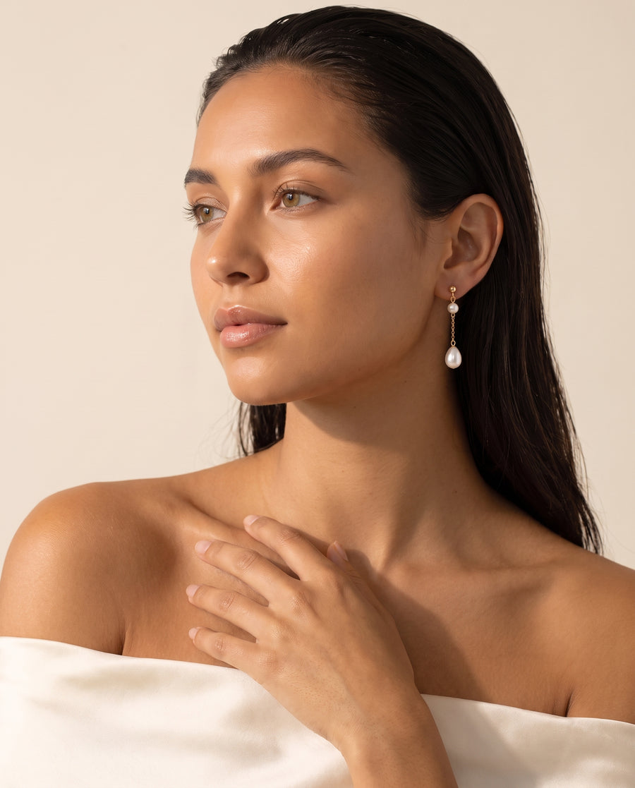 Fine Chain Pearl Drops freshwater pearl earring ear to collarbone