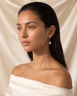Fine Chain Pearl Drops freshwater pearl earring editorial on champagne silk