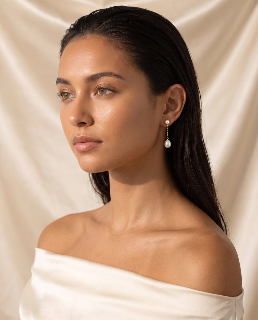 Fine Chain Pearl Drops freshwater pearl earring editorial on champagne silk