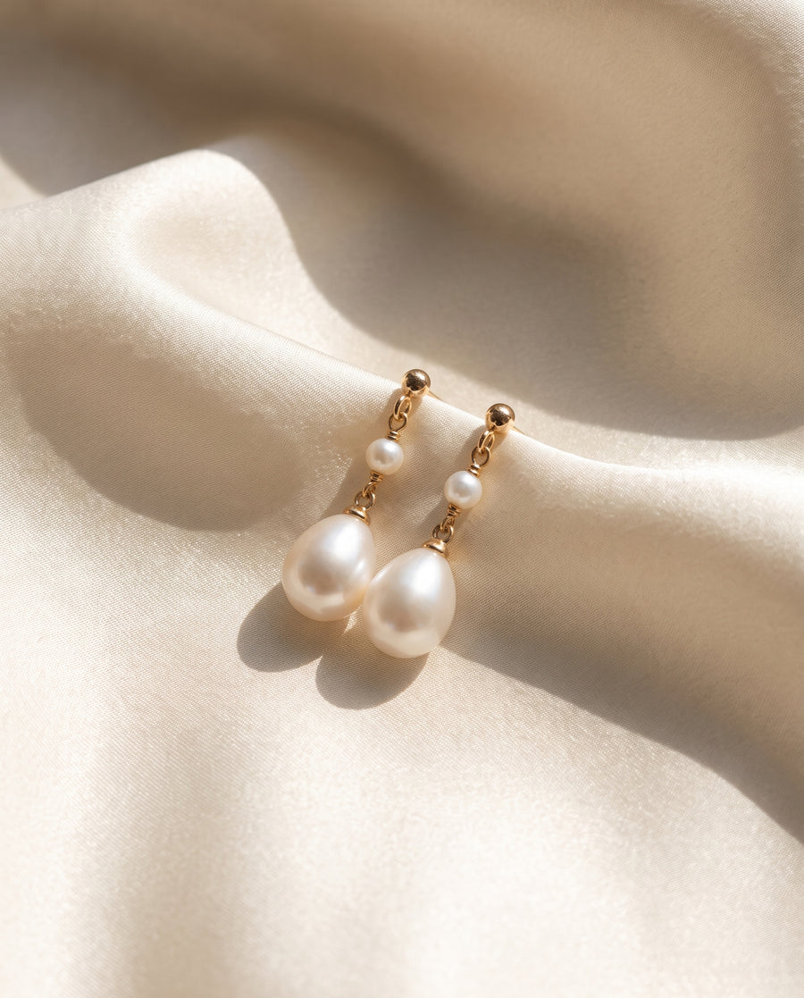 Fine Chain Pearl Drops freshwater pearl earring draped on champagne silk
