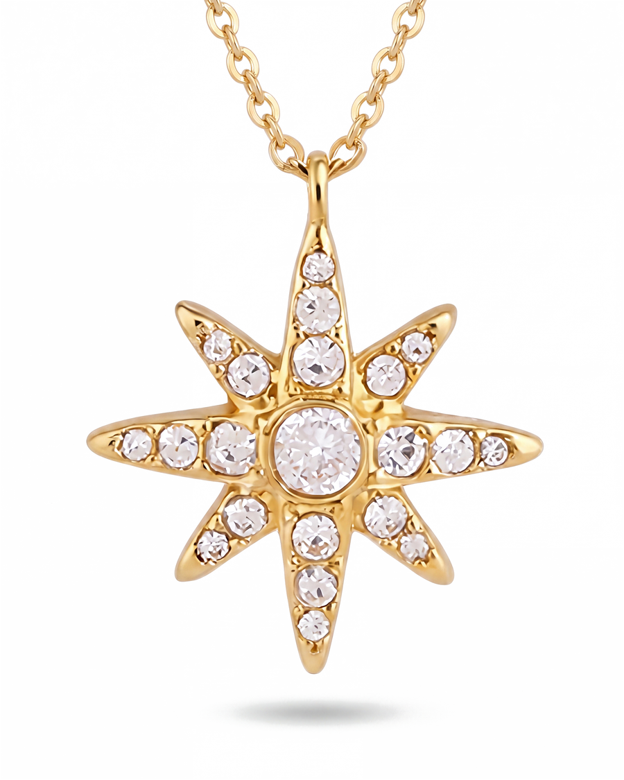 Single eight-pointed north star pendant in 18k gold plated stainless steel on a fine chain, white background