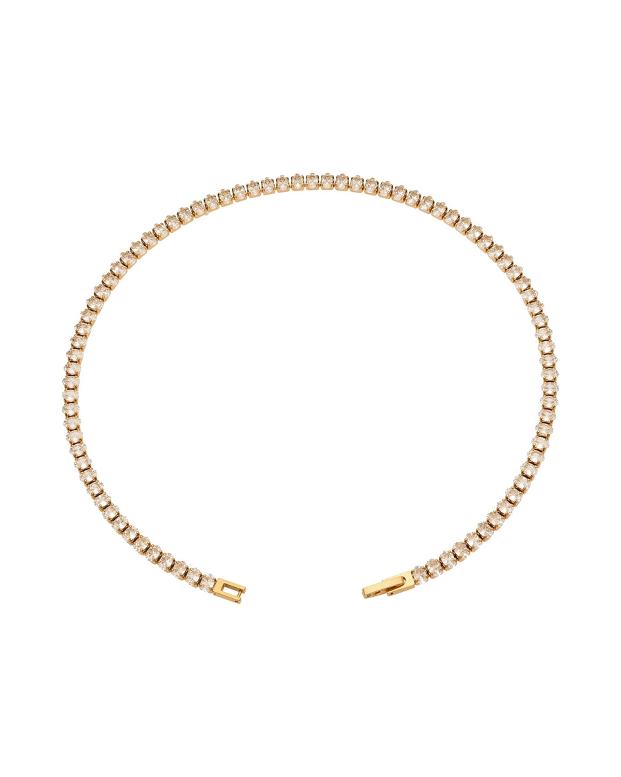 Zircon tennis necklace 36 cm in 18k gold plated stainless steel, shown flat on white