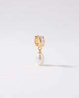Shell Inlay Pearl Huggie Drops freshwater pearl earring on a clean white background