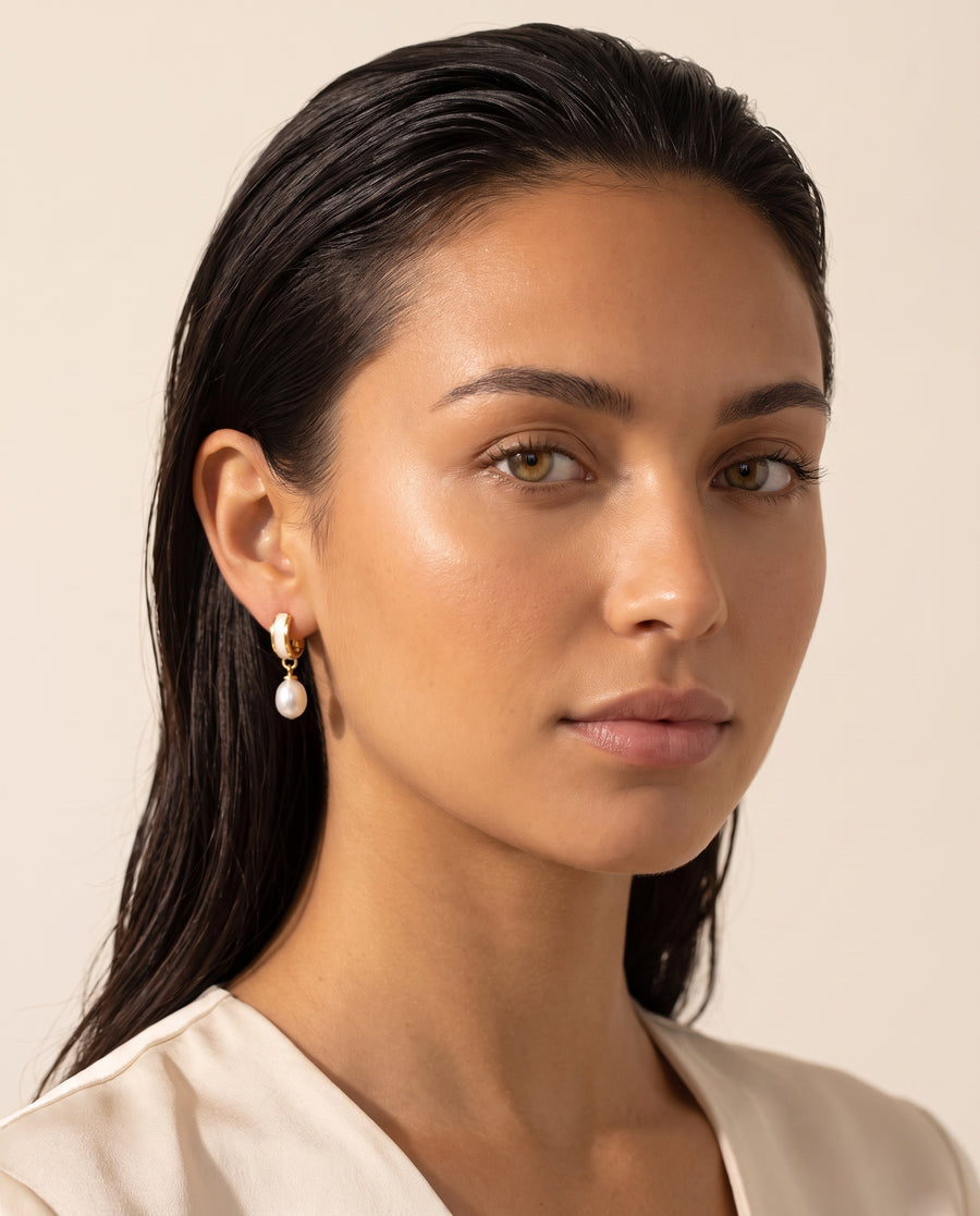 Shell Inlay Pearl Huggie Drops freshwater pearl earring front view, both earrings