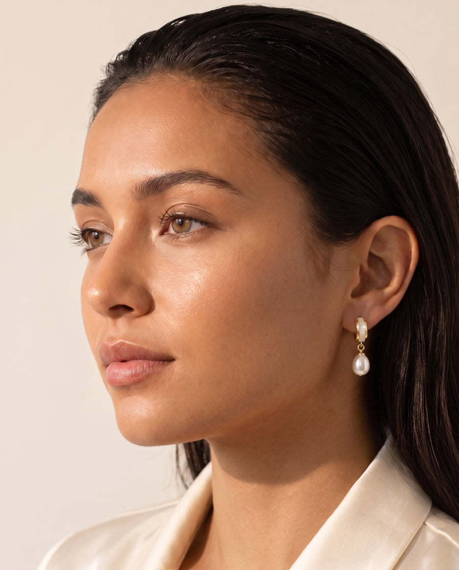 Shell Inlay Pearl Huggie Drops freshwater pearl earring profile view on the ear