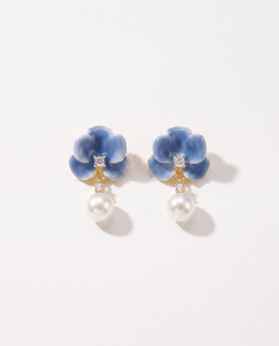 Blue Enamel Bloom Pearl Drops freshwater pearl earring on a clean white background
