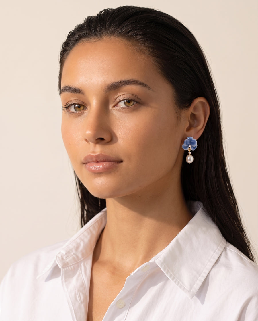 Blue Enamel Bloom Pearl Drops freshwater pearl earring front view, both earrings