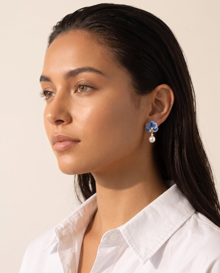 Blue Enamel Bloom Pearl Drops freshwater pearl earring profile view on the ear