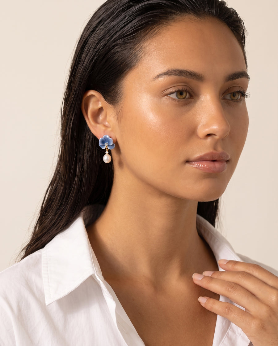 Blue Enamel Bloom Pearl Drops freshwater pearl earring from ear to collarbone