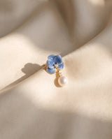 Blue Enamel Bloom Pearl Drops freshwater pearl earring draped on champagne ivory silk