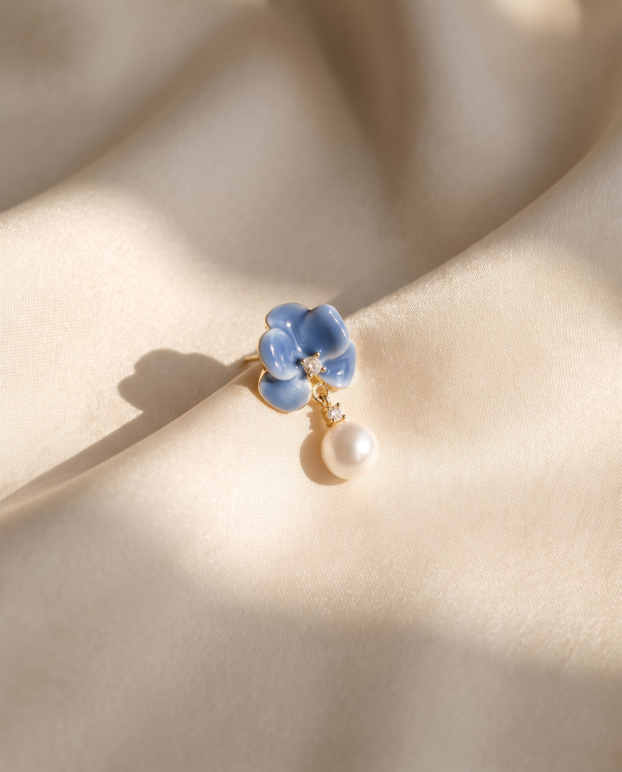 Blue Enamel Bloom Pearl Drops freshwater pearl earring draped on champagne ivory silk