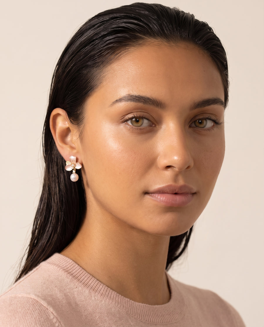 Blush Enamel Bloom Pearl Drops freshwater pearl earring front view, both earrings