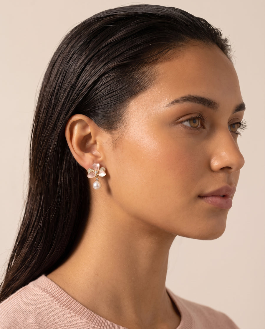 Blush Enamel Bloom Pearl Drops freshwater pearl earring profile view on the ear