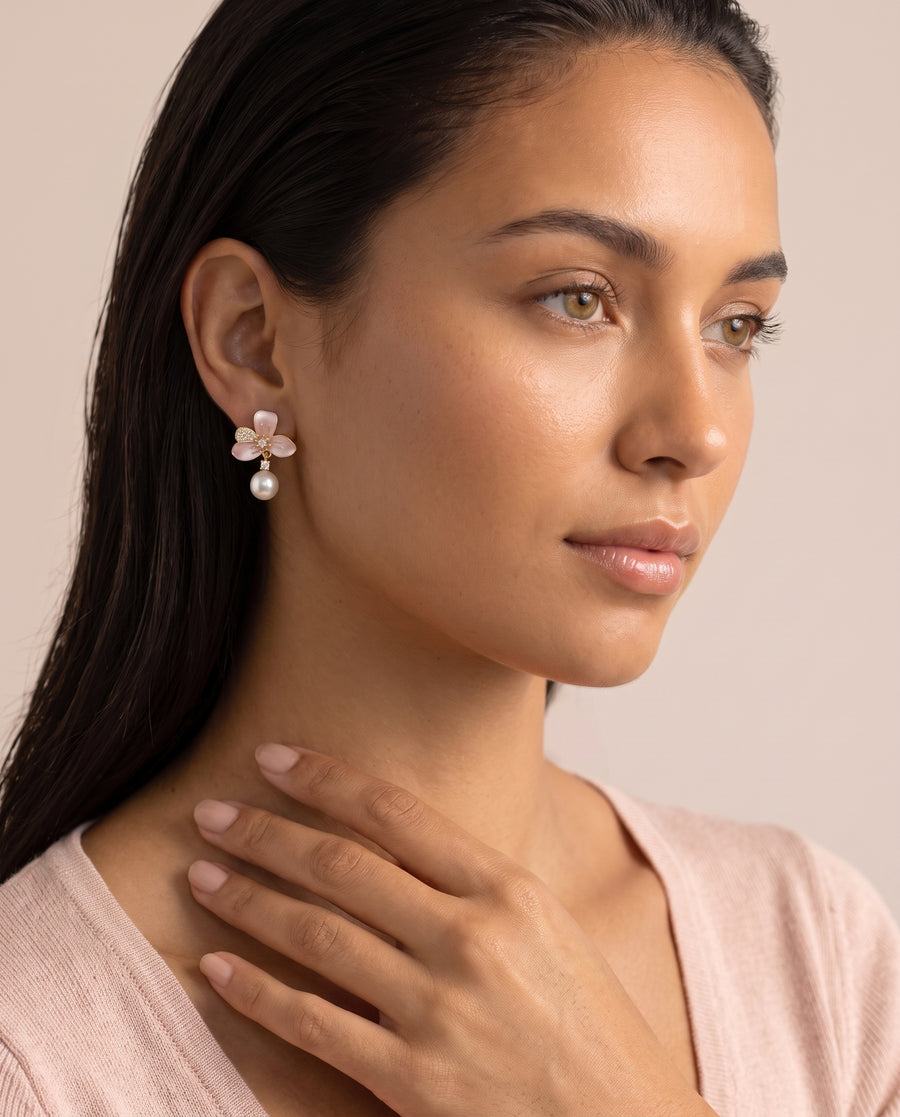 Blush Enamel Bloom Pearl Drops freshwater pearl earring from ear to collarbone