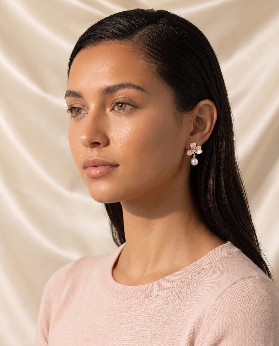 Blush Enamel Bloom Pearl Drops freshwater pearl earring editorial portrait on champagne silk