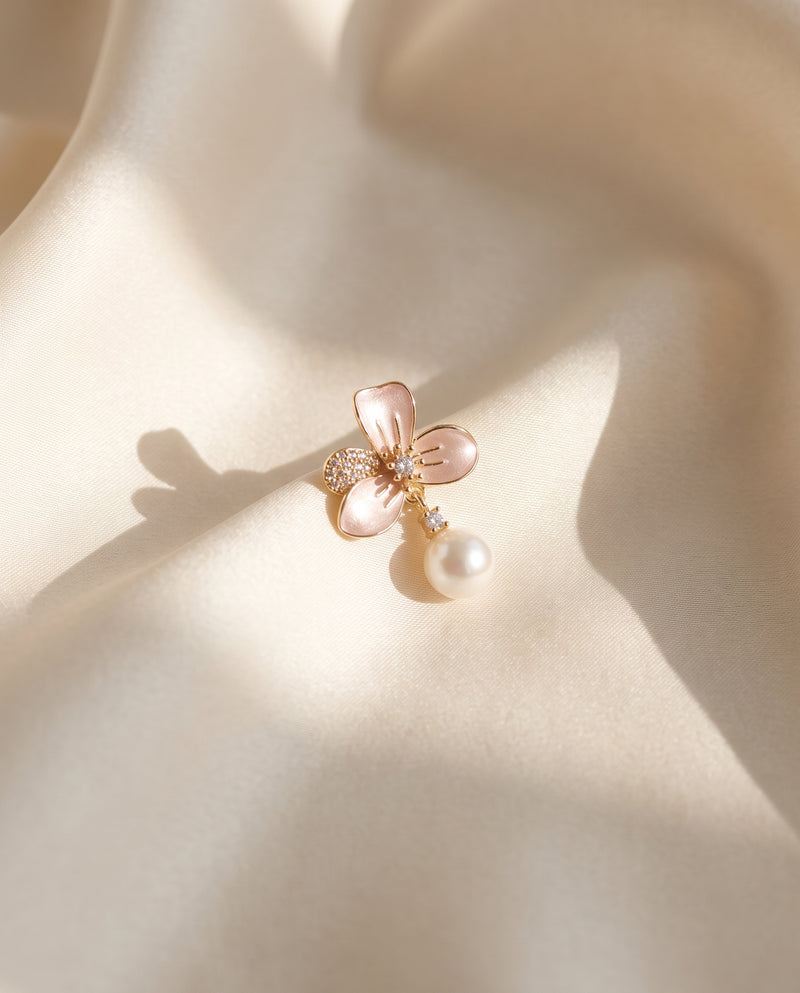 Blush Enamel Bloom Pearl Drops freshwater pearl earring draped on champagne ivory silk