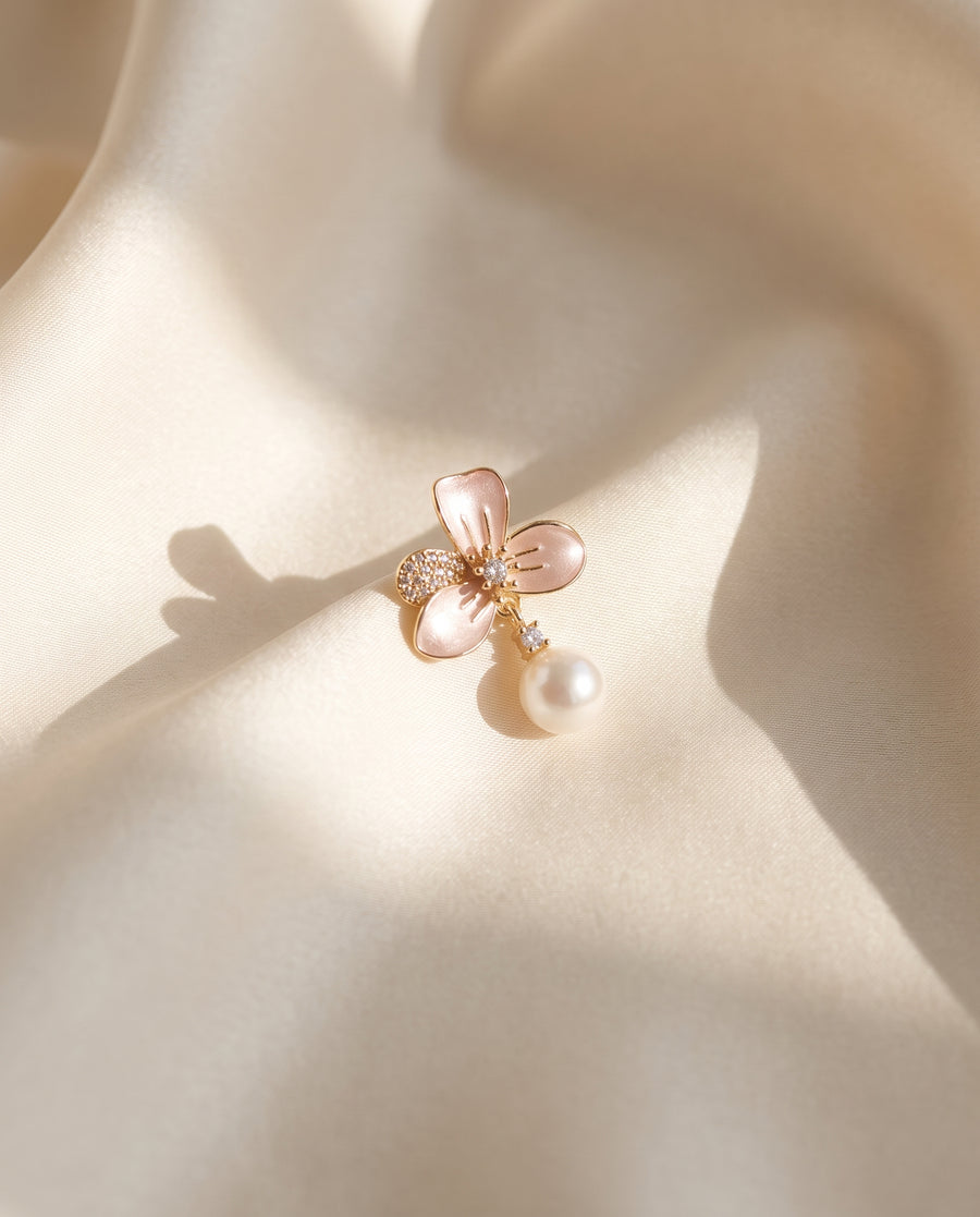 Blush Enamel Bloom Pearl Drops freshwater pearl earring draped on champagne ivory silk