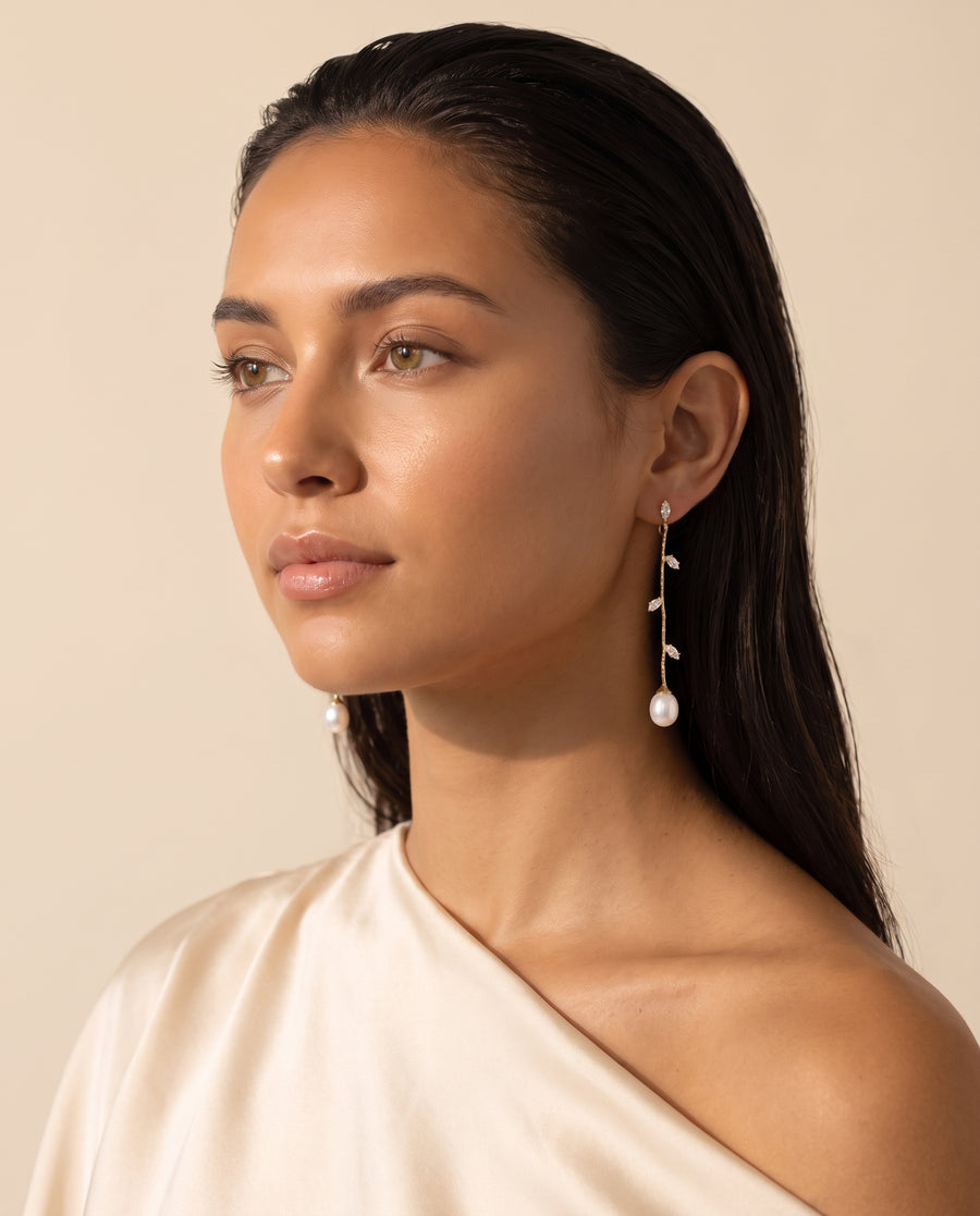 Gold Vine Pearl Drops freshwater pearl earring worn on the ear