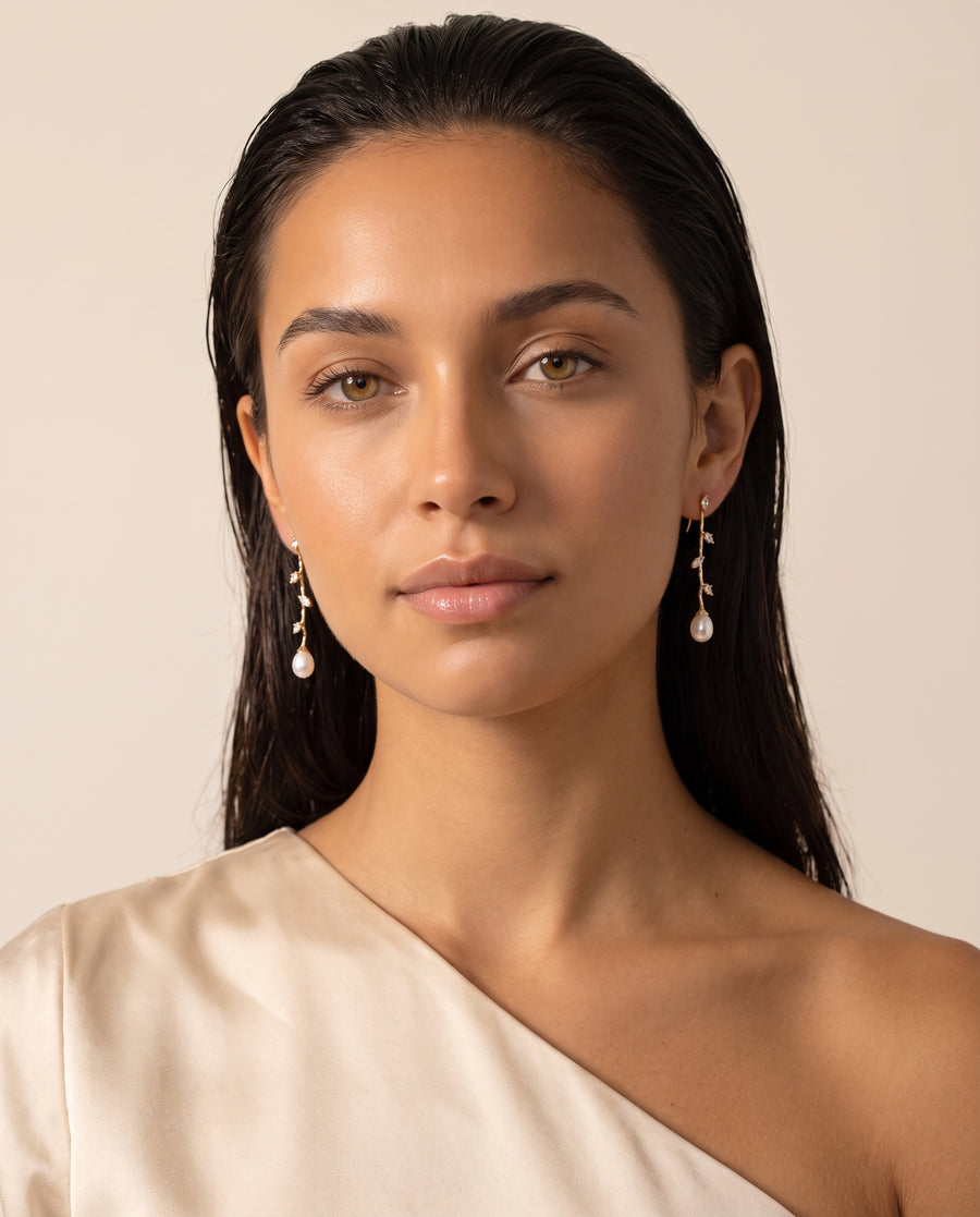 Gold Vine Pearl Drops freshwater pearl earring front view, both earrings