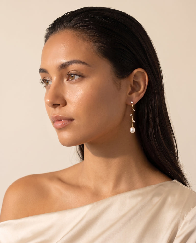 Gold Vine Pearl Drops freshwater pearl earring profile view on the ear