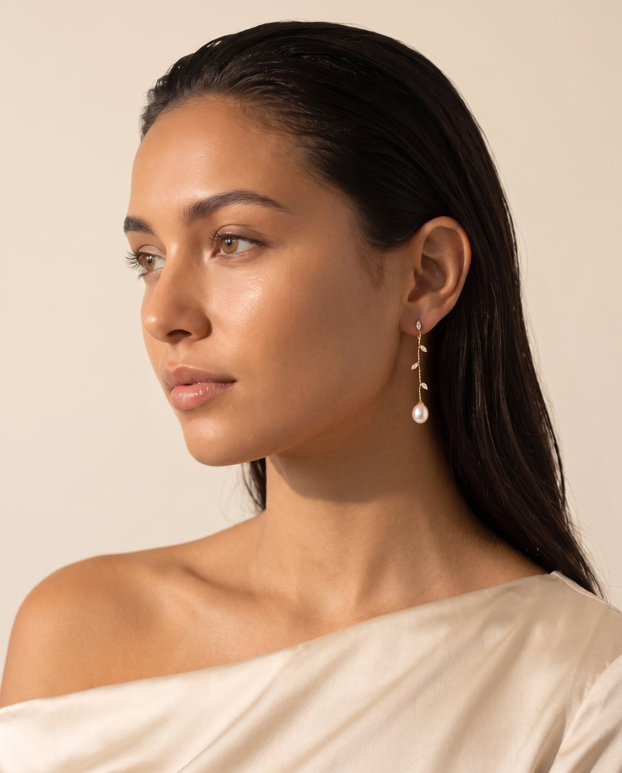 Gold Vine Pearl Drops freshwater pearl earring profile view on the ear