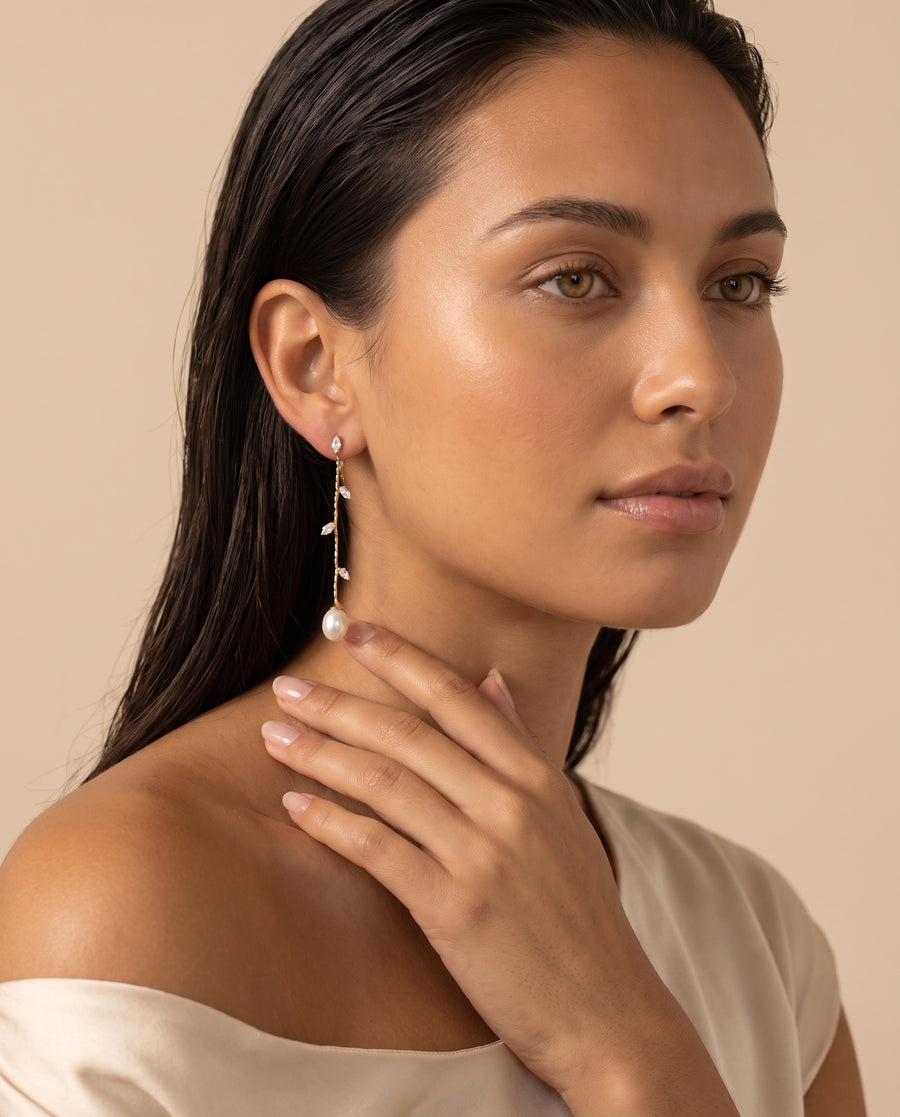 Gold Vine Pearl Drops freshwater pearl earring from ear to collarbone