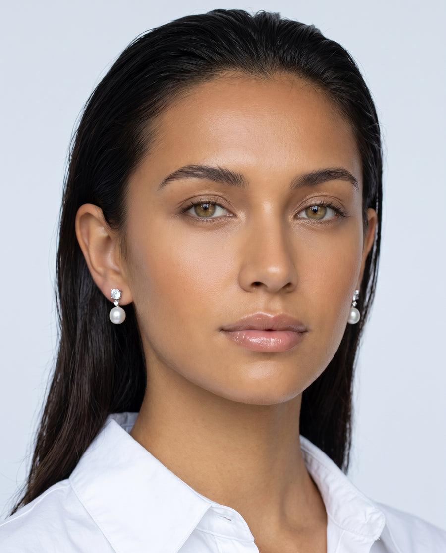 Solitaire and Pearl Studs freshwater pearl earring front view, both earrings