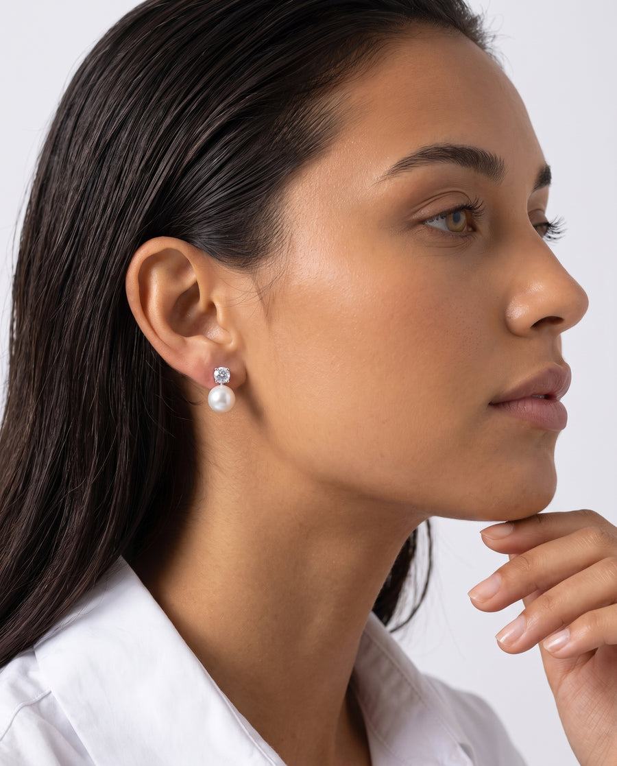 Solitaire and Pearl Studs freshwater pearl earring profile view on the ear