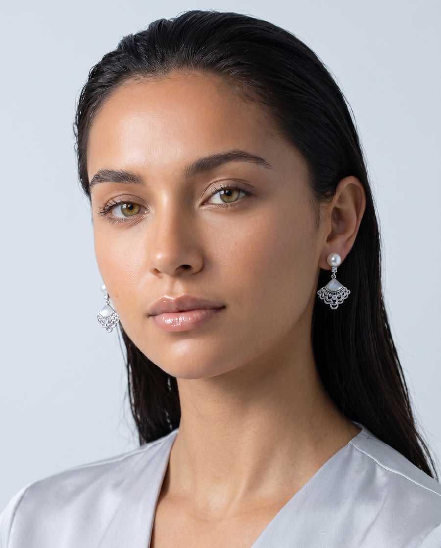 Fan Shell Pearl Drops freshwater pearl earring front view, both earrings