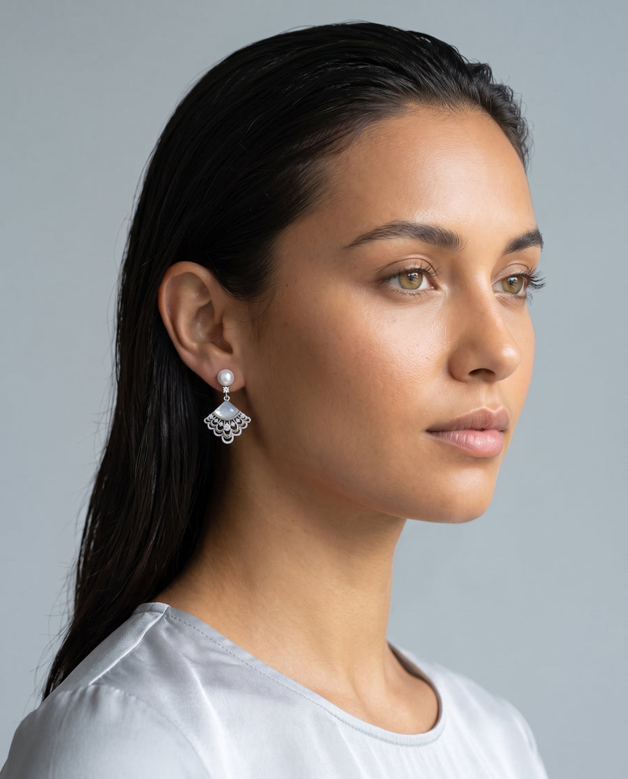 Fan Shell Pearl Drops freshwater pearl earring profile view on the ear