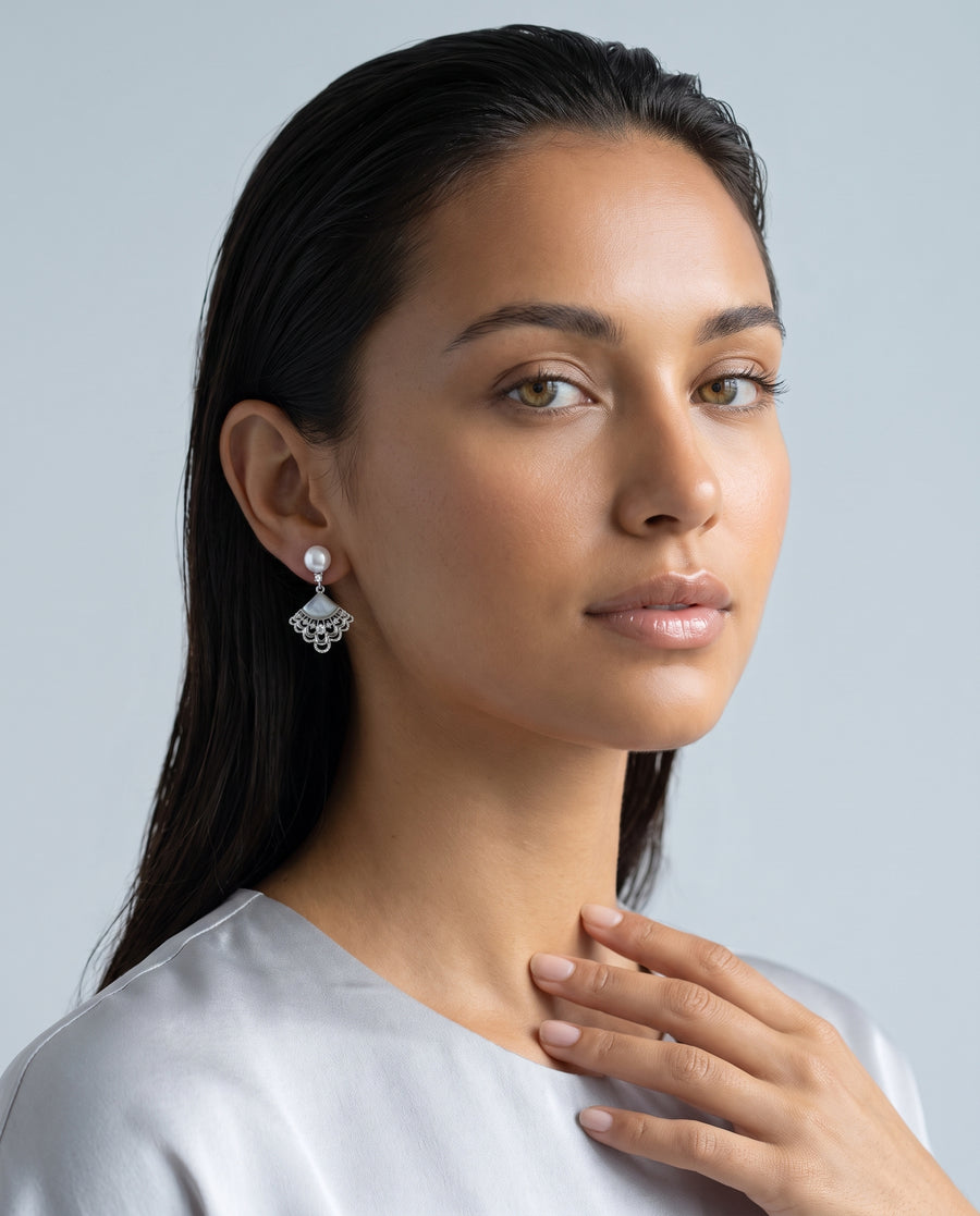 Fan Shell Pearl Drops freshwater pearl earring from ear to collarbone