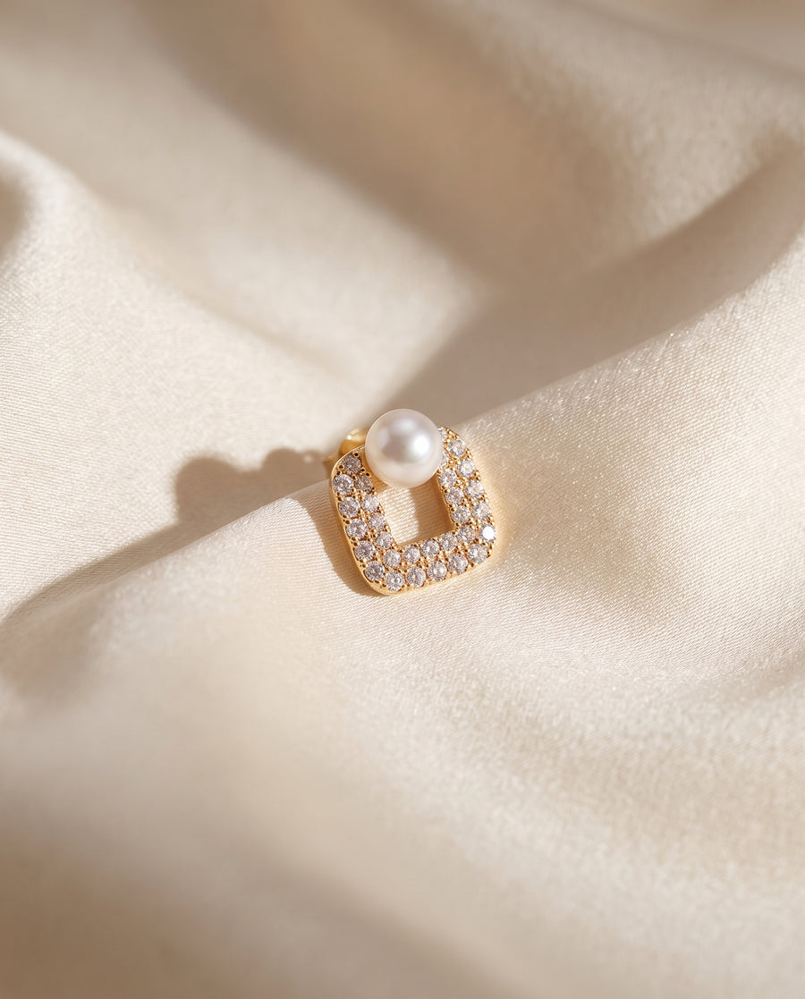 Square Pave Pearl Studs freshwater pearl earring draped on champagne silk