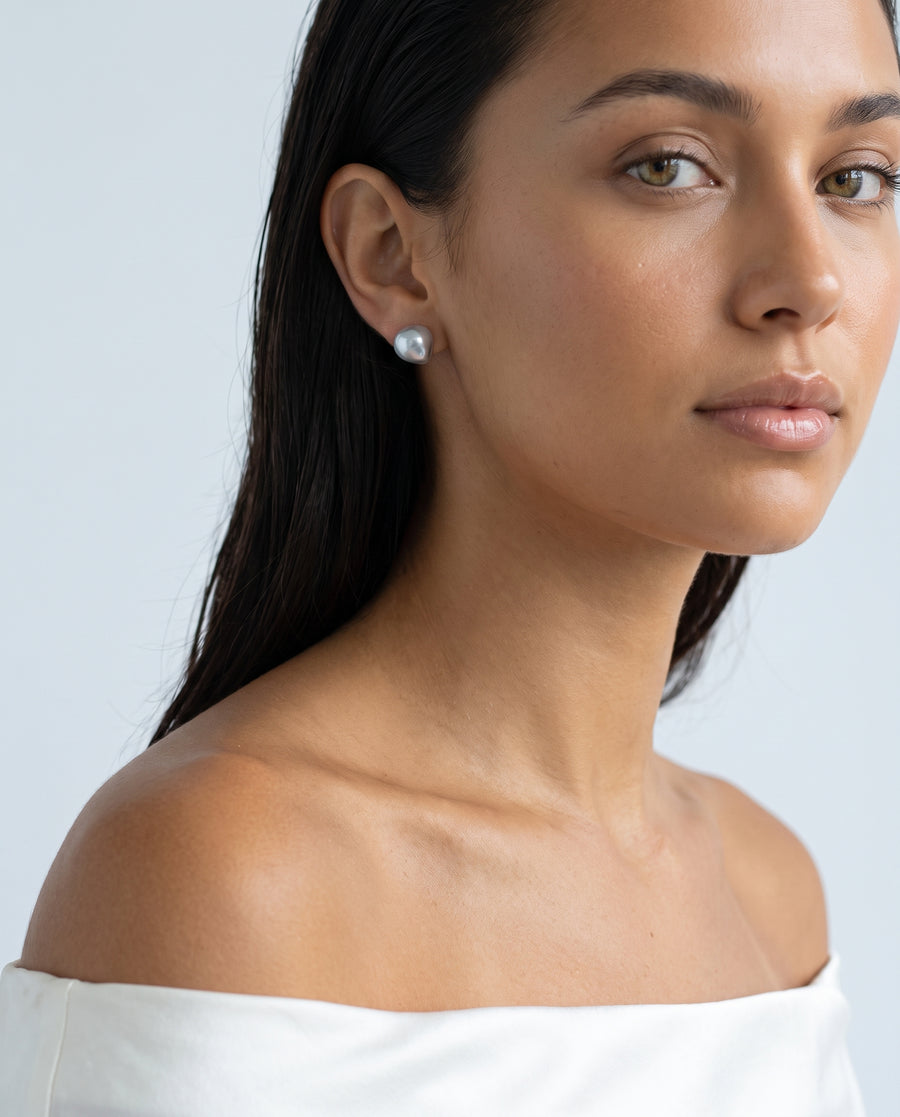 Grey Baroque Pearl Studs freshwater pearl earring worn on the ear