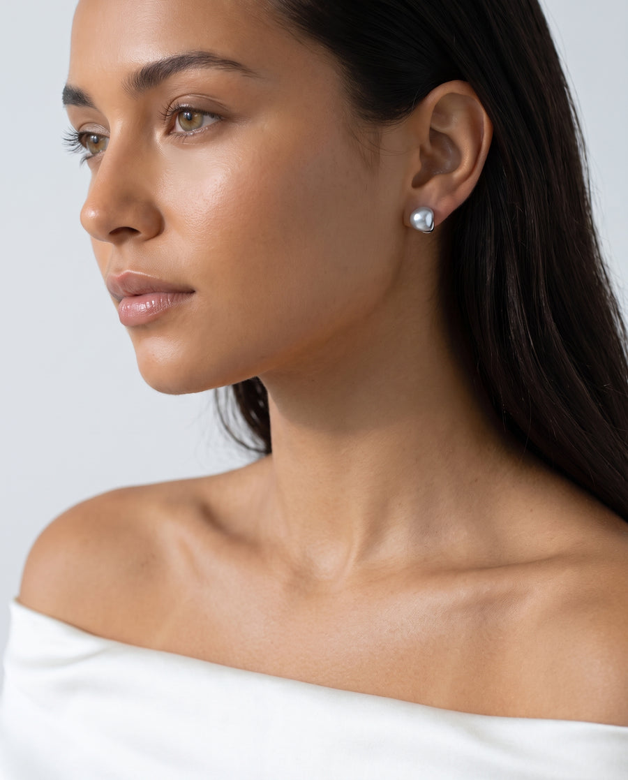 Grey Baroque Pearl Studs freshwater pearl earring profile on the ear