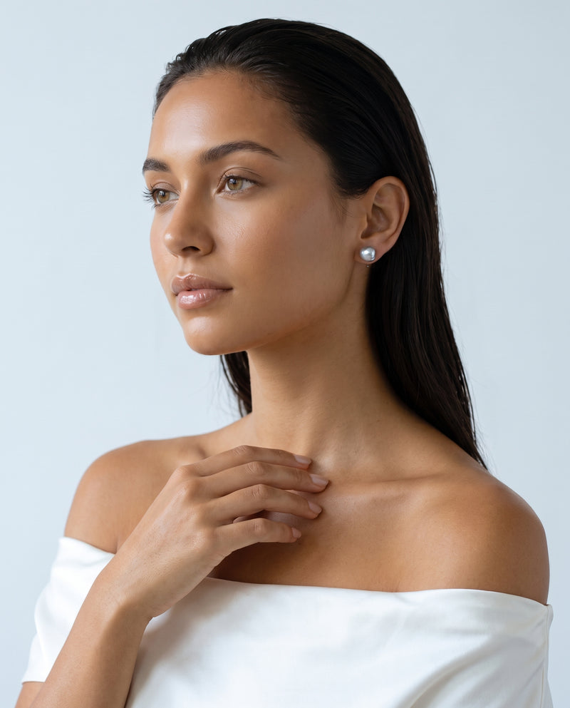 Grey Baroque Pearl Studs freshwater pearl earring ear to collarbone