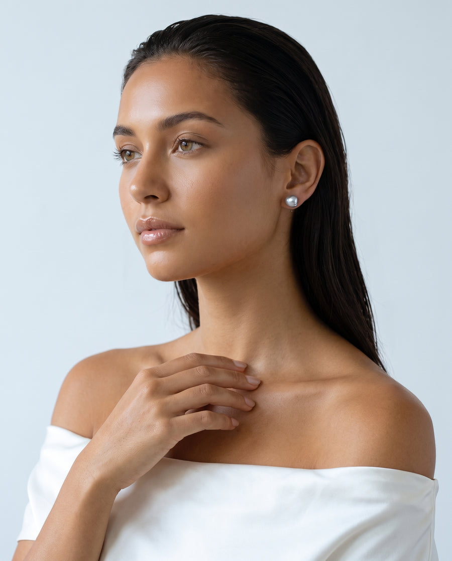 Grey Baroque Pearl Studs freshwater pearl earring ear to collarbone