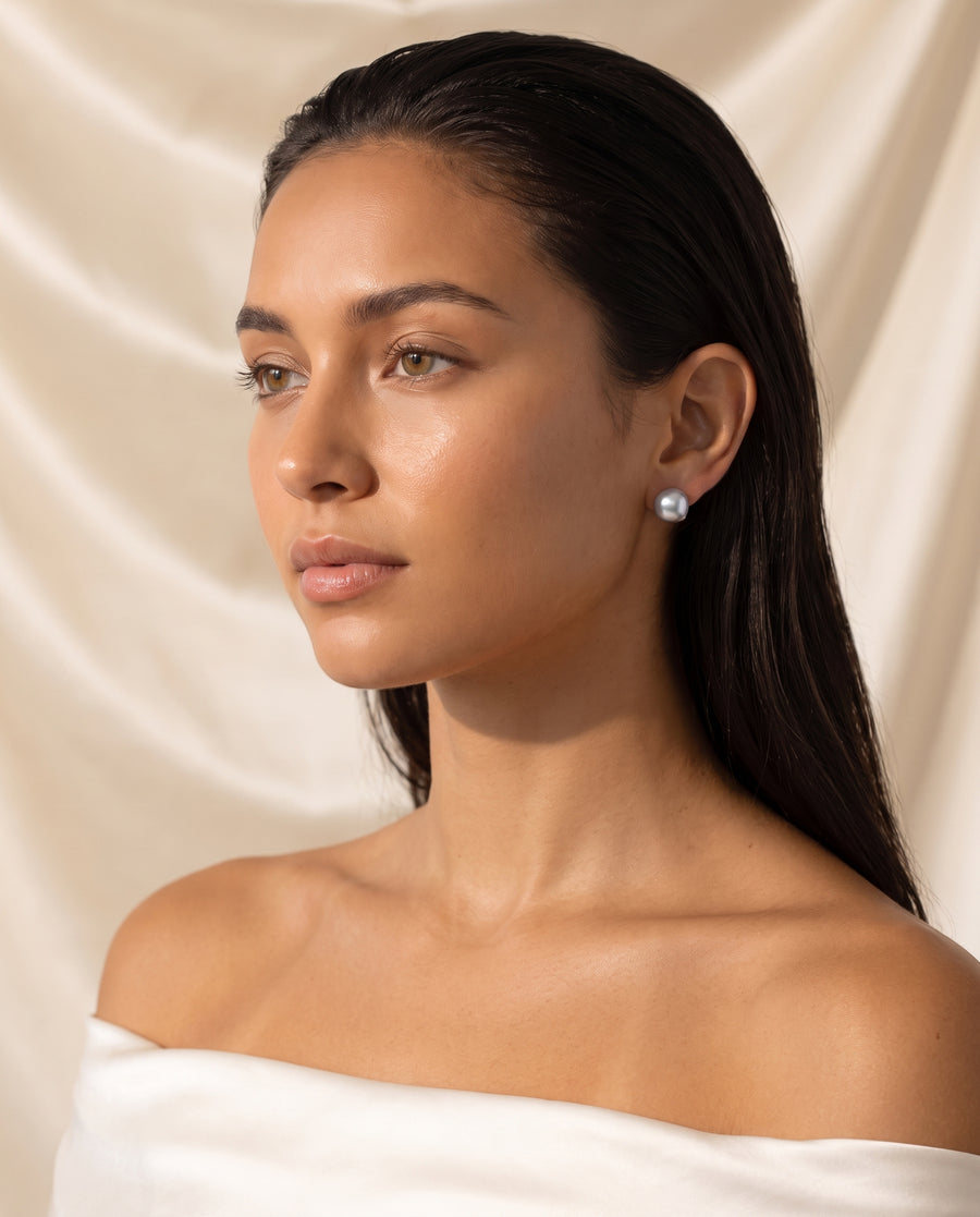 Grey Baroque Pearl Studs freshwater pearl earring editorial on champagne silk